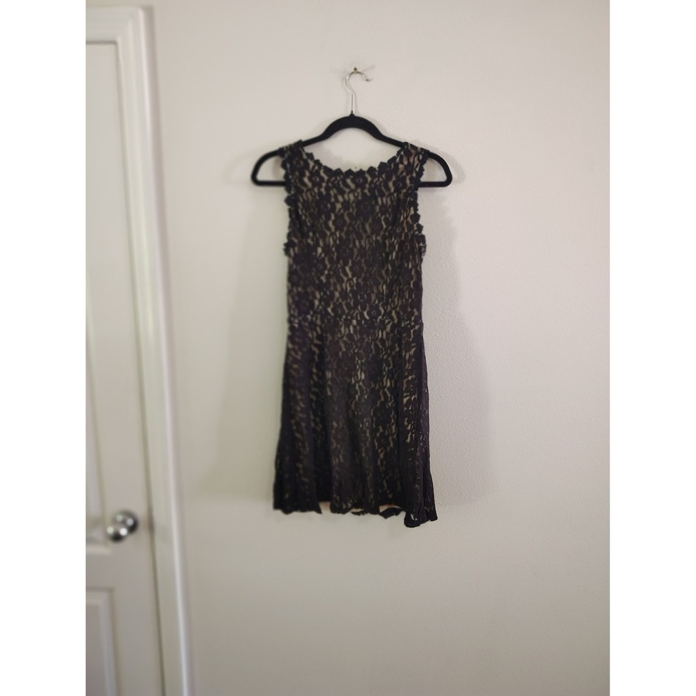 AUW Black Floral Lace Sleeveless Fit and Flare Cocktail Dress Nude Lining Large